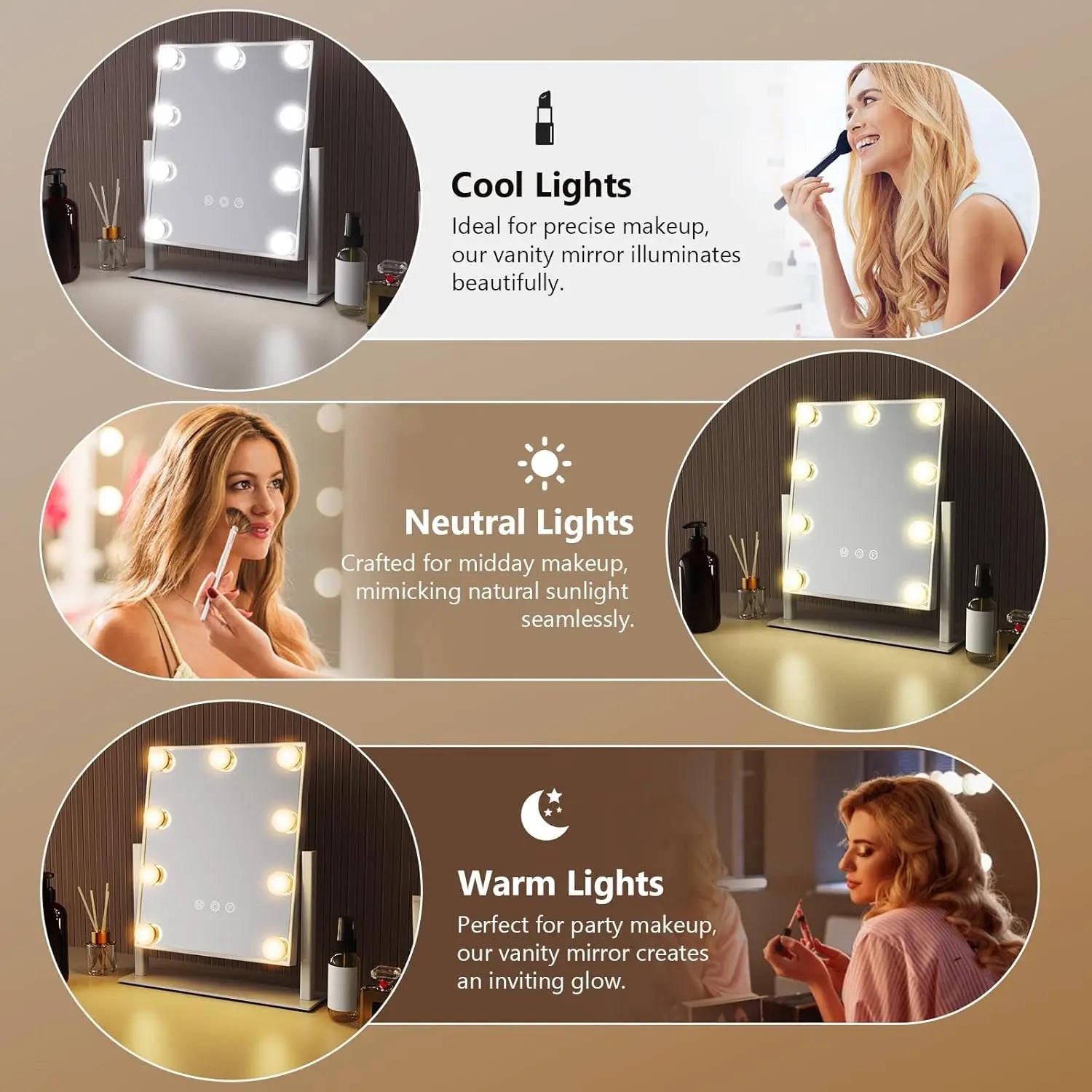 Vanity Hollywood Makeup Mirror with 9 LED Bulbs 3 Color Lighting Dimming Touch Control 360°Rotation for Dressing Room & Bedroom