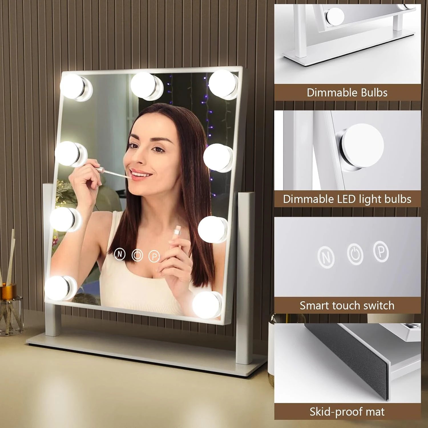 Vanity Hollywood Makeup Mirror with 9 LED Bulbs 3 Color Lighting Dimming Touch Control 360°Rotation for Dressing Room & Bedroom